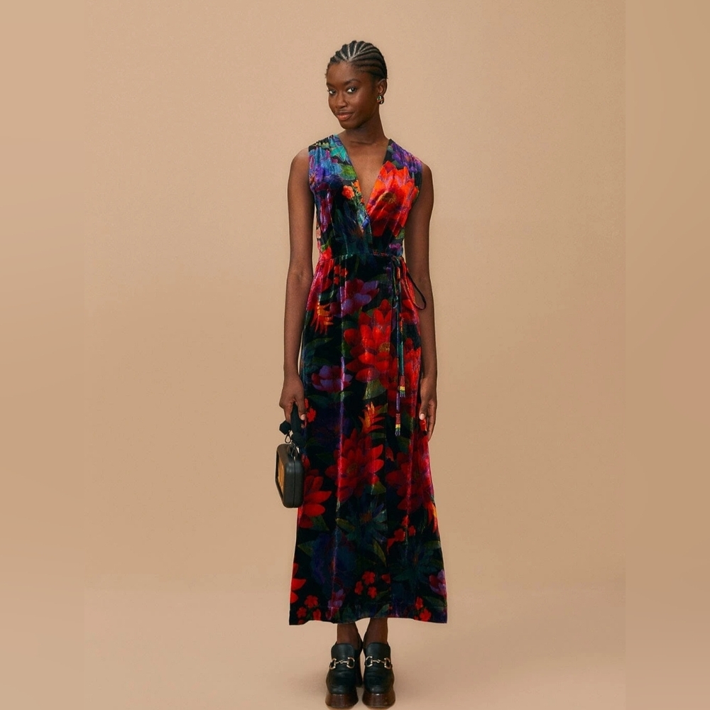Farm Rio Velvet Floral Sleeveless Wrap Maxi Dress Size XXS NWT Festival